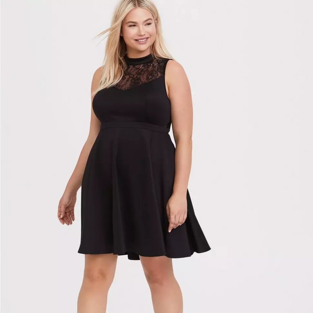 Torrid Black Scuba Knit & Lace Skater Dress